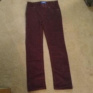 Burgundy corduroy flared pants.